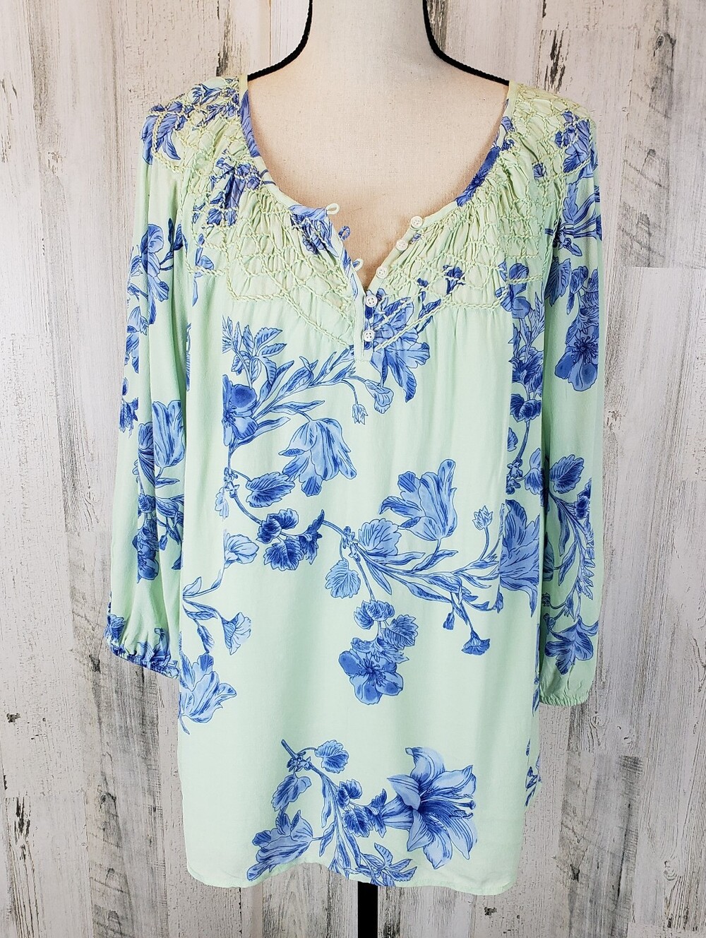Talbots Mint Tunic with Blue Floral Print Size Large NWT